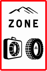 Panneaux B58 du code de la route français indiquant le début d'une zone où l'équipement hivernal est requis pour le véhicule.